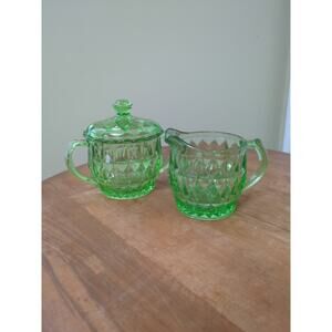 Jeannette Windsor Diamond Green Uranium Glass Creamer And Lidded Sugar
